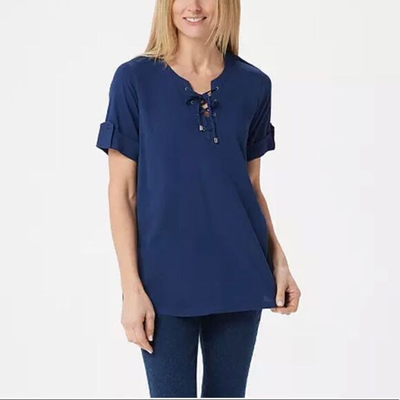 BROOKE SHIELDS Timeless Lace-Up Neck Woven Top - Picture 1 of 6